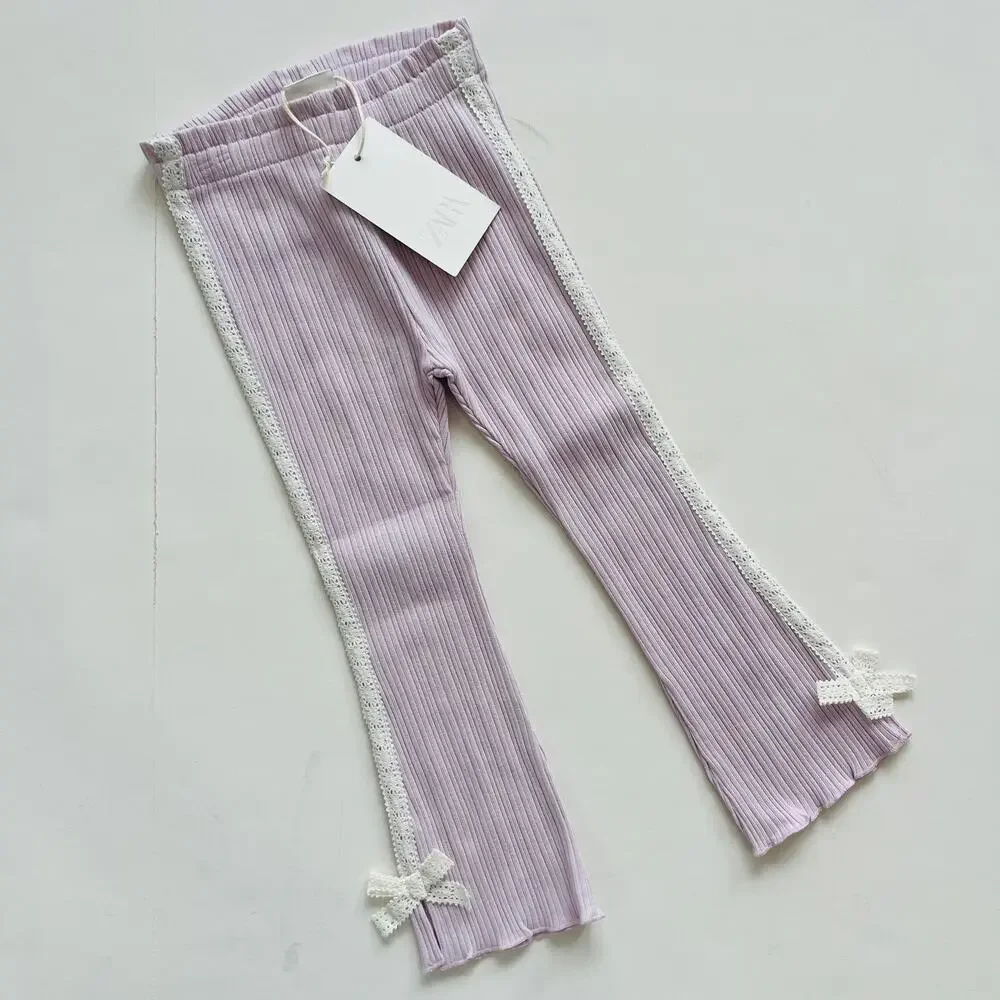 Zara Kids Lavender Purple Ribbed Lace Trim Flare Leggings Size 3Y NWT
